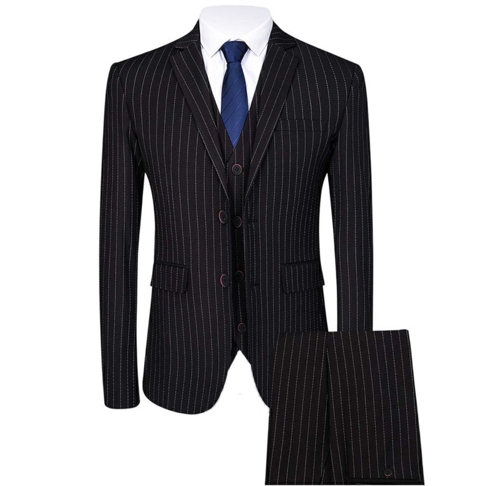 Men’s Black Pinstripe 3 Piece Suit Slim Fit Business Size 38 Jacket 36 Pants NWT